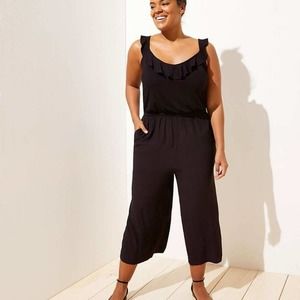 [LOFT Plus] Black Ruffle Neck Wide Leg Cropped Jumpsuit NWT Casual Stretch Sz 16